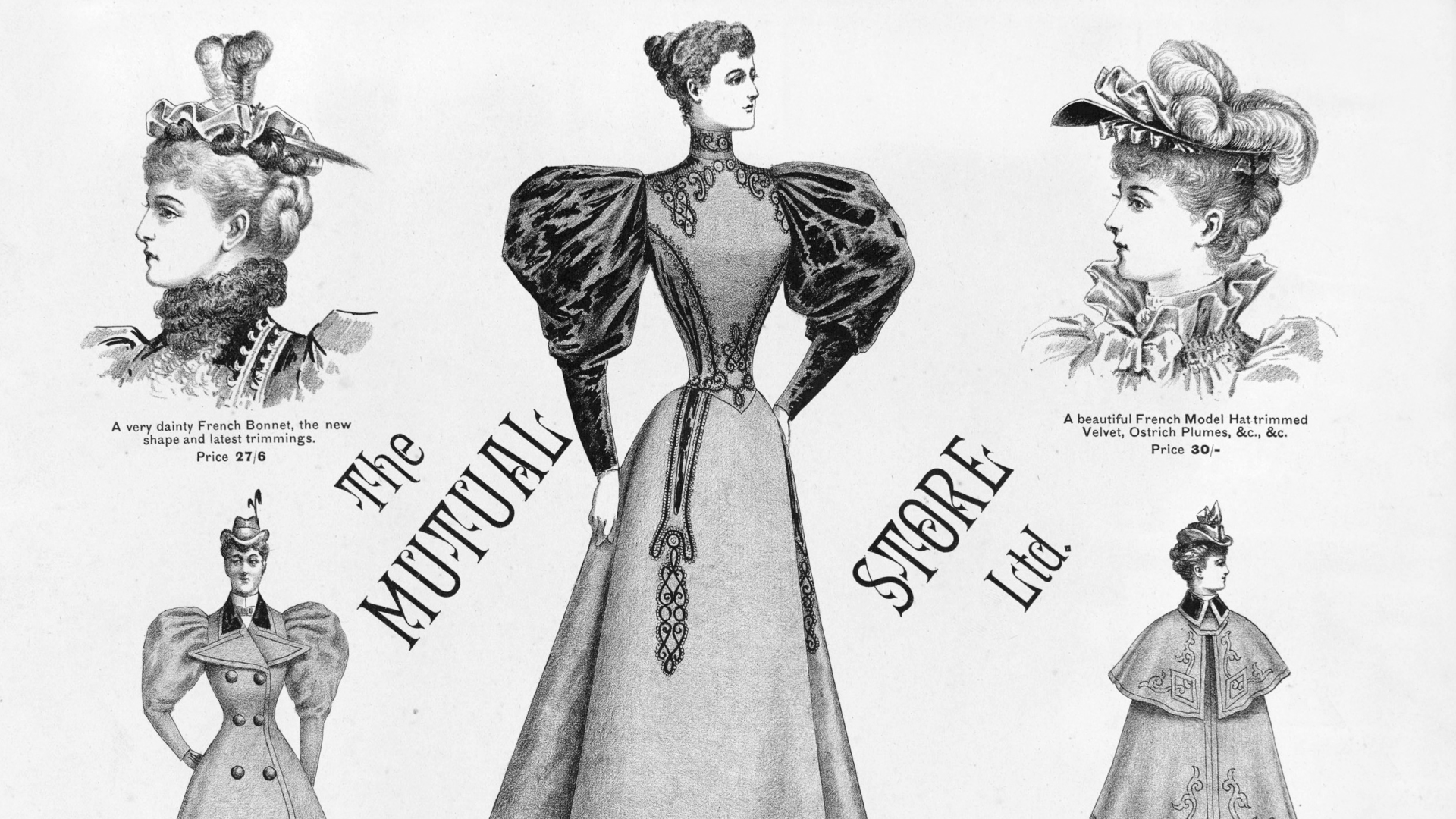 Black and white illustrations of 19th century women's fashion