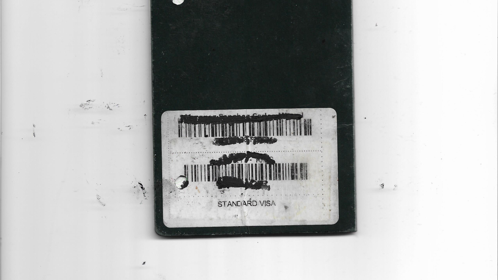 Photo of the back of a cancelled passport. 